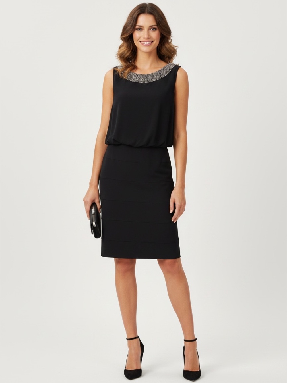 Cachet Black Beaded Neckline Open Back Sheath Dress Medium